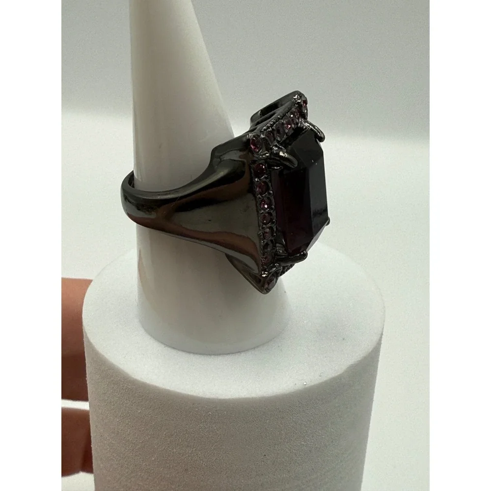 Gunmetal Purple Crystal Cocktail Ring Emerald Cut Statement Halo Size 7.5